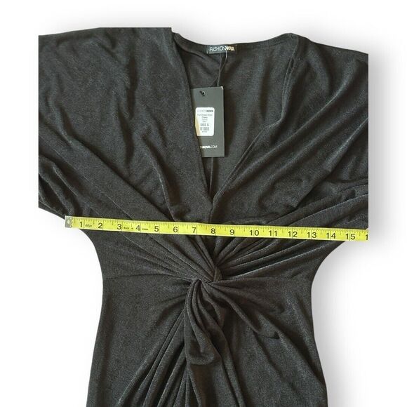 Fashion Nova Black Full Gown Knot Front Dress NWT Size Small Midi Front Slit - Picture 3 of 9